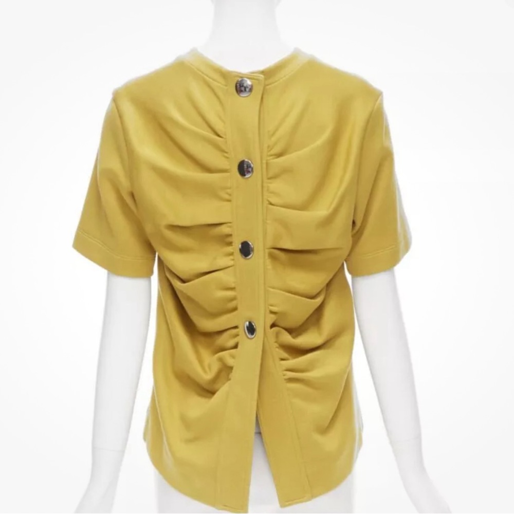 MARNI mustard yellow gathered ruched button back short sleeve cotton top